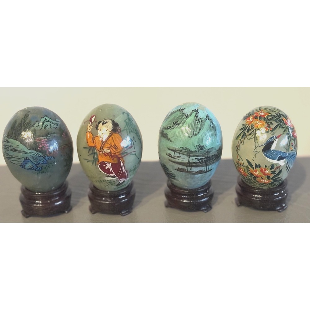 Set Of 4 Hand Painted Jade Stone Eggs w Wood Stands Mt Fuji Pagoda Bird Flowers